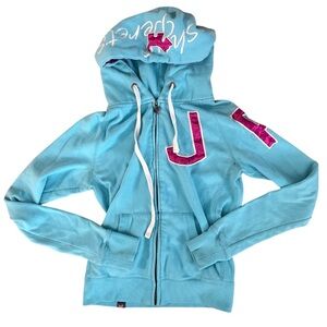 Blue and pink Joshua perets zip up hoodie with embroidered logo and heart zip up